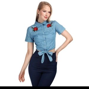 Collectif x Modcloth Sammy Western Rose Tie Blouse